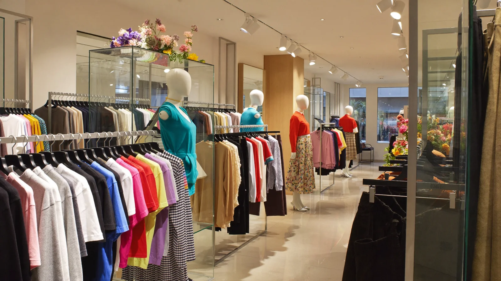 Illustrative image of a bright modern fashion boutique interior with racks of colourful clothing and mannequins on a polished floor, warm track lighting, no readable text or logos, no people, not a photo of the actual store