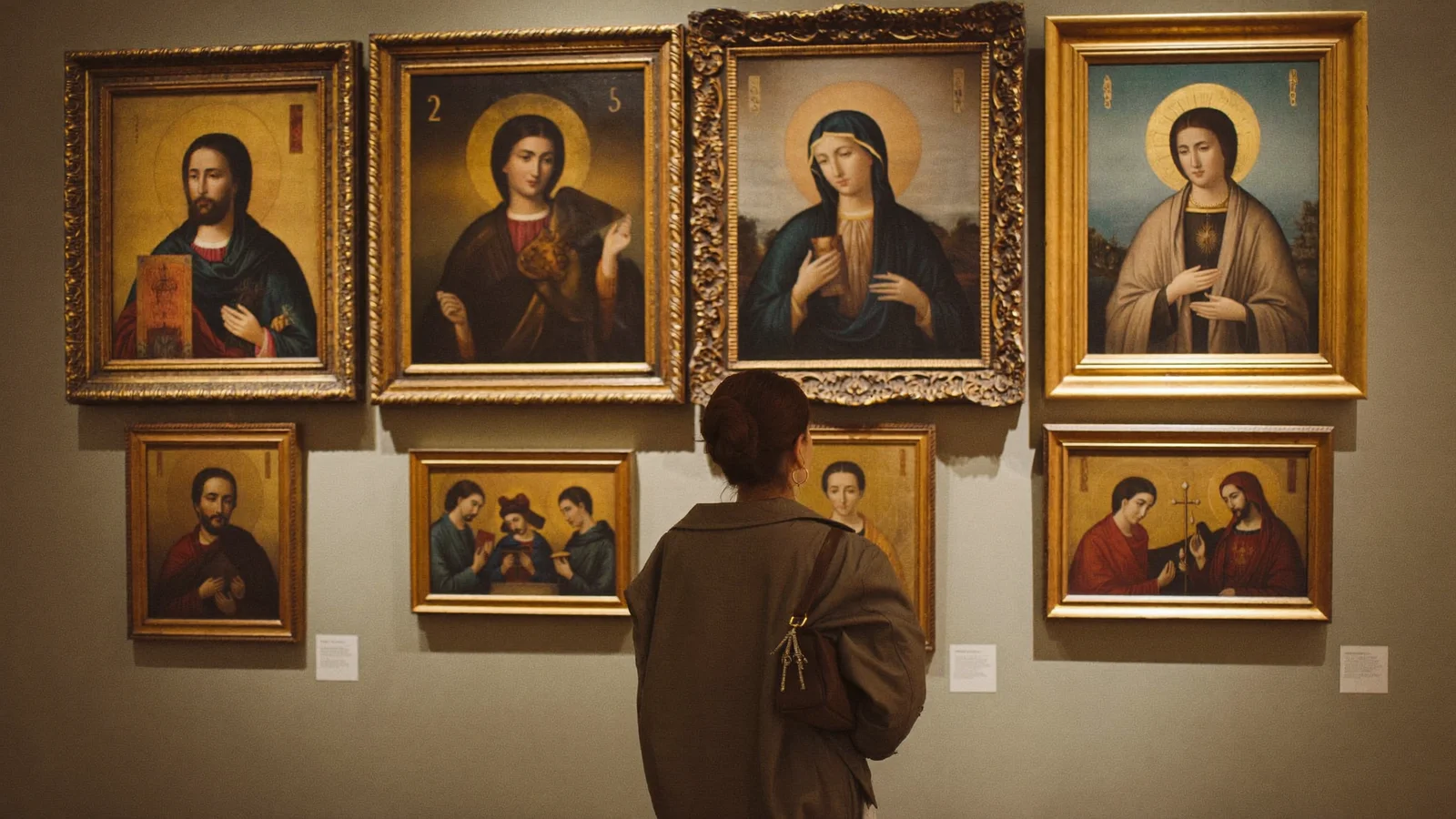 A softly lit museum gallery wall displaying ornate gold-framed Eastern Orthodox icon paintings, with a local Hong Kong Chinese visitor viewing the artworks in quiet contemplation, illustrative image for this Windows into Heaven exhibition guide at the Hong Kong Palace Museum, not a photo of the actual exhibition